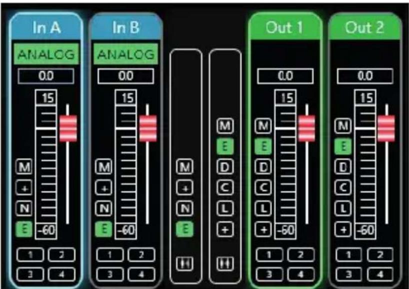 In A ANALOG 0.0 15 M + N E -60 1 2 3 4 In B ANALOG 0.0 15 M + N E -60 1 2 3 4 M E D C L + H Out 1 0.0 15 M E D C L + -60 1 2 3 4 Out 2 0.0 15 M E D C L + -60 1 2 3 4