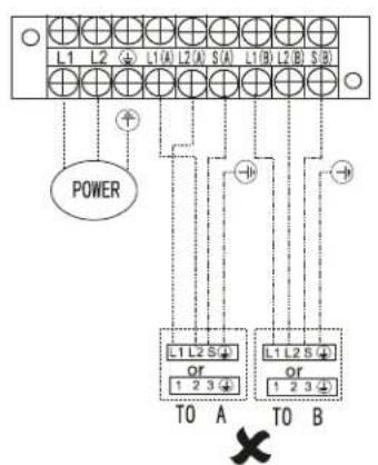 L1 L2 L1 A L2 A S A L1 B L2 B S B POWER L1 L2 S + or 1 2 3 L1 L2 S + or 1 2 3 TO A TO B X