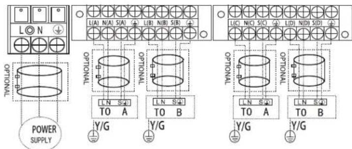 L ⊙ N ⊕ OPTIONAL POWER SUPPLY L(A) N(A) S(A) L(B) N(B) S(B) OPTIONAL Y/G L(N S) TO A OPTIONAL Y/G L(N S) TO B OPTIONAL Y/G L(C) N(C) S(C) L(D) N(D) S(D) OPTIONAL Y/G L(N S) TO A OPTIONAL Y/G L(N S) TO B