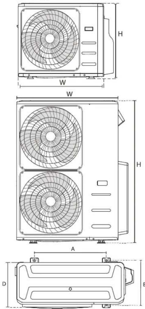 Technical diagram of a dual-panel HVAC unit with labeled dimensions and component layouts