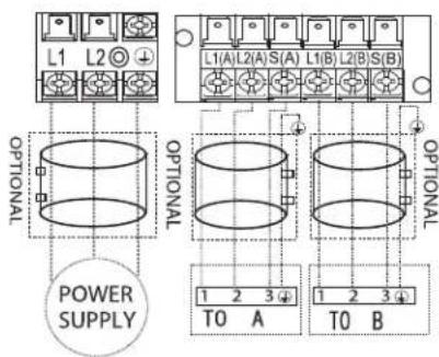 L1 L2 OPTIONAL POWER SUPPLY L1(A) L2(S)(A) L1(B) L2(B) S(B) OPTIONAL 1 2 3 4 TO A 1 2 3 4 TO B OPTIONAL