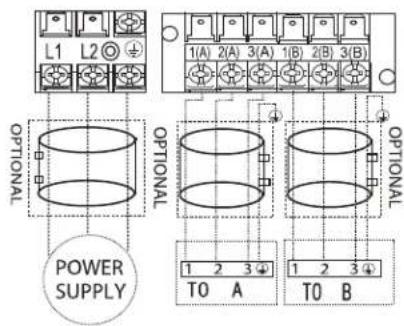 L1 L2 OPTIONAL POWER SUPPLY 1(A) 2(A) 3(A) 1(B) 2(B) 3(B) OPTIONAL 1 2 3 4 TO A 1 2 3 4 TO B