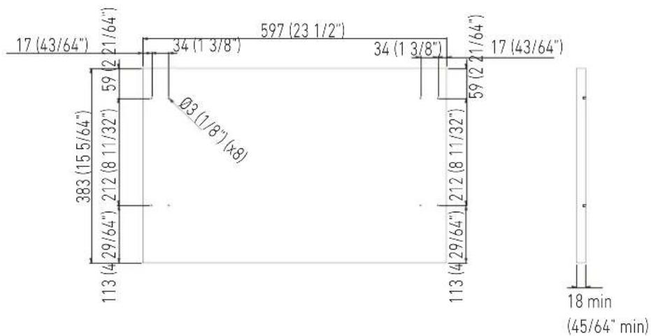 17 (43/64") 21/64" 34 (1 3/8") 597 (23 1/2") 34 (1 3/8") 17 (43/64") 59 Ø3(1/8")(x8) 383 (15 5/64") 212 (8 11/32") 29/64" 212 (8 11/32") 113 (4 29/64") 113 (4 29/64") 18 min (45/64" min)