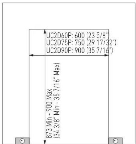 UC2D60P: 600 (23 5/8") UC2D75P: 750 (29 17/32") UC2D90P: 900 (35 7/16") 873 Min - 900 Max (34 3/8" Min - 35 7/16" Max)