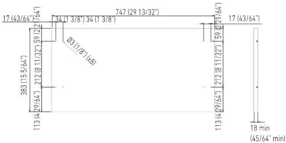 17 (43/64") 747 (29 13/32") 34 (1 3/8") 34 (1 3/8") 2 59 (2) Ø3 (1/8") (8) 212 (8 11/32") 383 (15 5/64") 29/64" 113 (4 113 (4 29/64") 212 (8 11/32") 212 (8 11/32") 17 (43/64") 18 min (45/64" min)