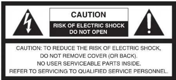 CAUTION RISK OF ELECTRIC SHOCK DO NOT OPEN CAUTION: TO REDUCE THE RISK OF ELECTRIC SHOCK, DO NOT REMOVE COVER (OR BACK). NO USER SERVICEABLE PARTS INSIDE. REFER TO SERVICING TO QUALIFIED SERVICE PERSONNEL.