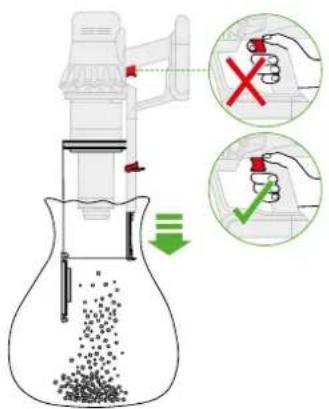 Diagram illustrating a chemical experiment with labeled components and control actions, including a droplet in a flask and hand holding a 'X' symbol.