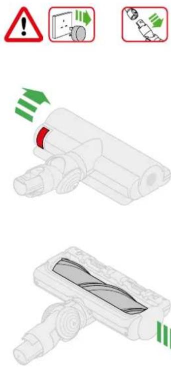 Diagram illustrating a mechanical device with warning symbols and green arrows indicating motion or force, accompanied by explanatory labels.