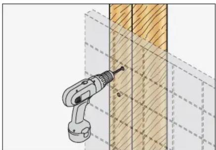 Illustration of a robotic arm connecting wooden panels with dashed grid lines (no text or symbols)