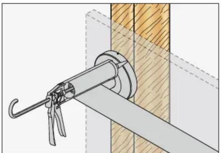 Technical illustration of a mechanical clamp or bracket assembly with wooden joint detail (no text or symbols)