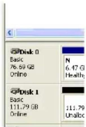 Disk 0 Basic 76.69 GB Online N 6.47 G Health: Disk 1 Basic 111.79 GB Online 111.79 Unalloc