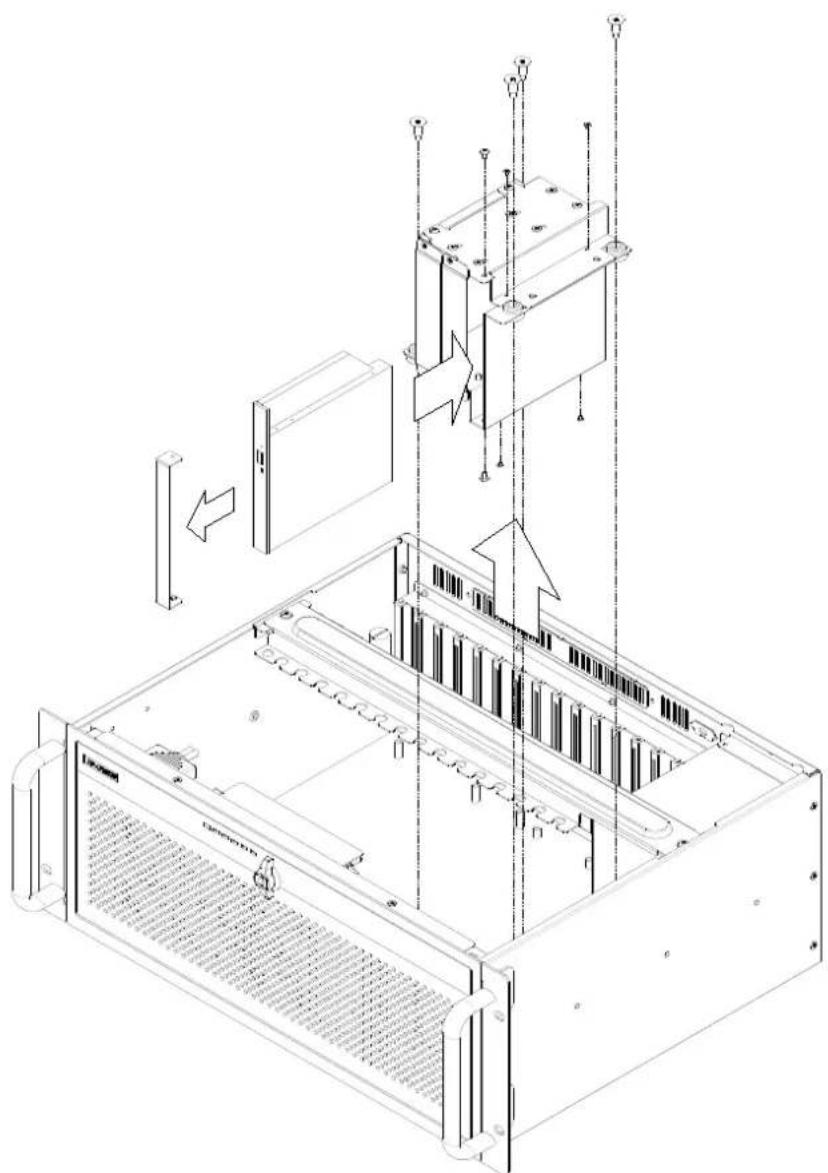 Technical diagram of a server rack with labeled components and directional arrows indicating assembly or movement.