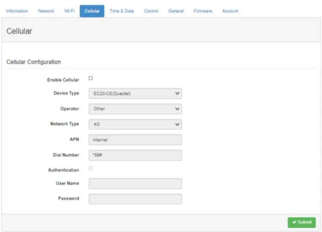Information Network Wi-Fi Cellular Time & Date Control General Firmware Account Cellular Cellular Configuration Enable Cellular Device Type EC20-CE(Quectel) Operator Other Network Type 4G APN internet Dial Number *99# Authentication User Name Password Submit