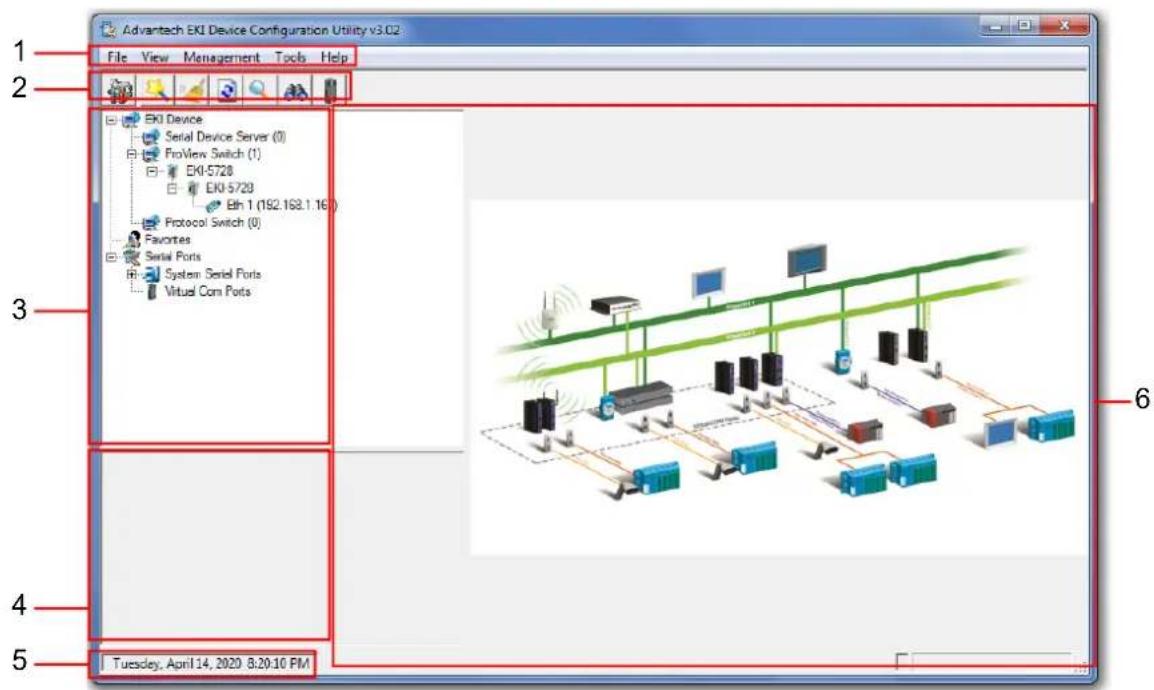 Advantech EKI Device Configuration Utility v3.02 File View Management Tools Help 1 2 EKI Device Serial Device Server (0) ProView Switch (1) EKI-5728 EKI-5729 Eth 1 (192.168.1.16) Protocol Switch (0) Favorites Serial Ports System Serial Ports Virtual Com Ports 3 4 5 Tuesday, April 14, 2020 8:20:10 PM 6