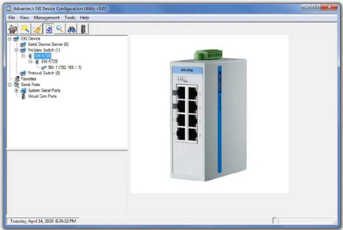Advantech EKI Device Configuration Utility v3.02 File View Management Tools Help EKI Device Serial Device Server (0) ProView Switch (1) EKI-5728 EKI-5728 Eth 1 (192.168.1.1) Protocol Switch (0) Favorites Serial Ports System Serial Ports Virtual Com Ports EKI-5728 Tuesday, April 14, 2020 8:34:32 PM