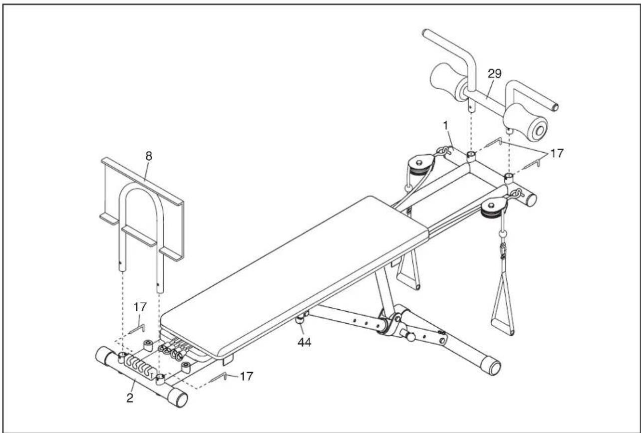 Technical diagram of a gym equipment with numbered components and labeled parts