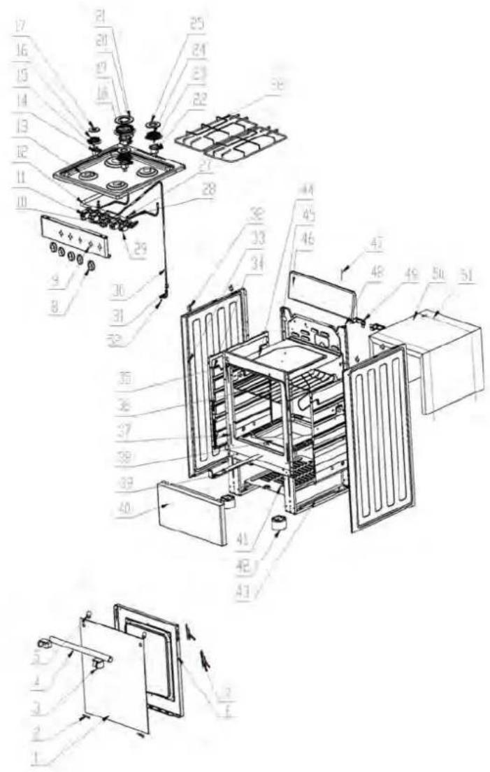 Technical diagram of an oven assembly with numbered components and exploded view