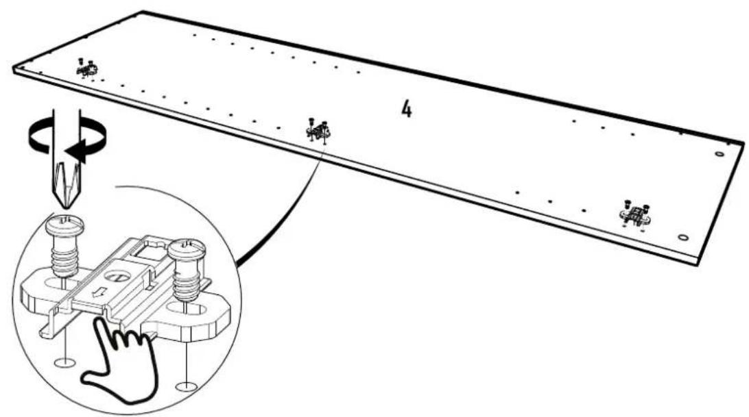 Technical diagram showing a mechanical assembly with labeled components and a magnified inset of a hand using a tool.