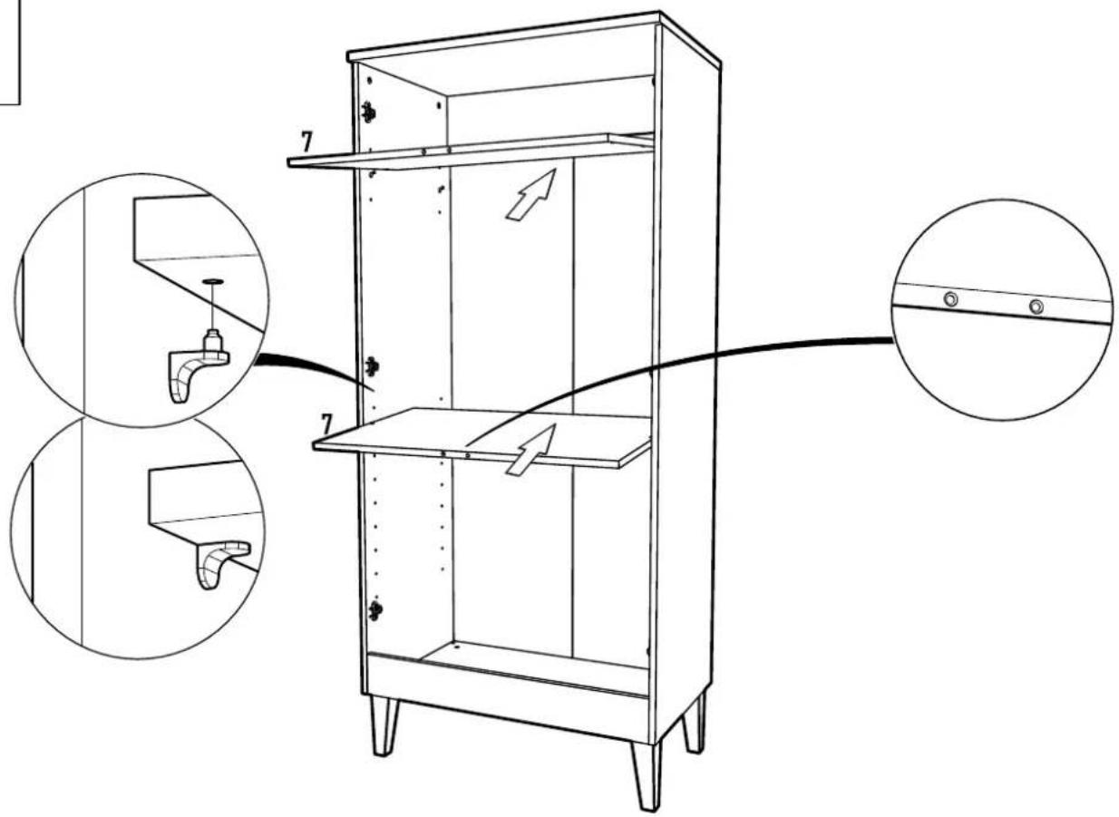 Technical diagram of a cabinet with labeled parts and close-up insets showing pipe fittings and mounting details.