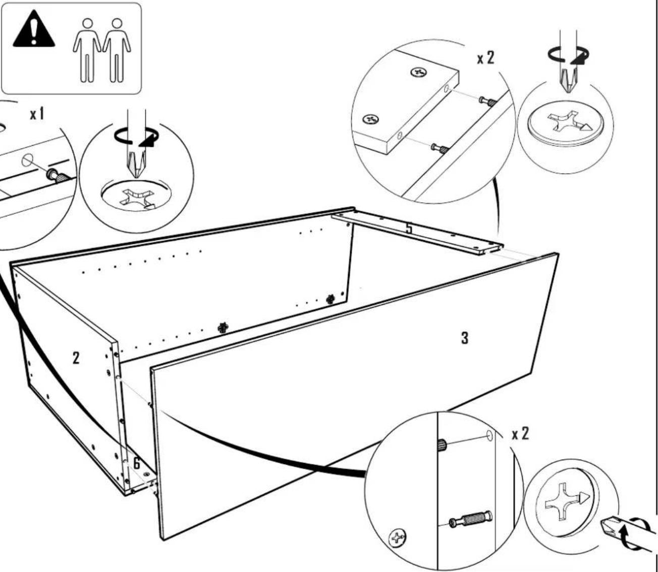 Technical diagram illustrating assembly steps with labeled components and warning icons
