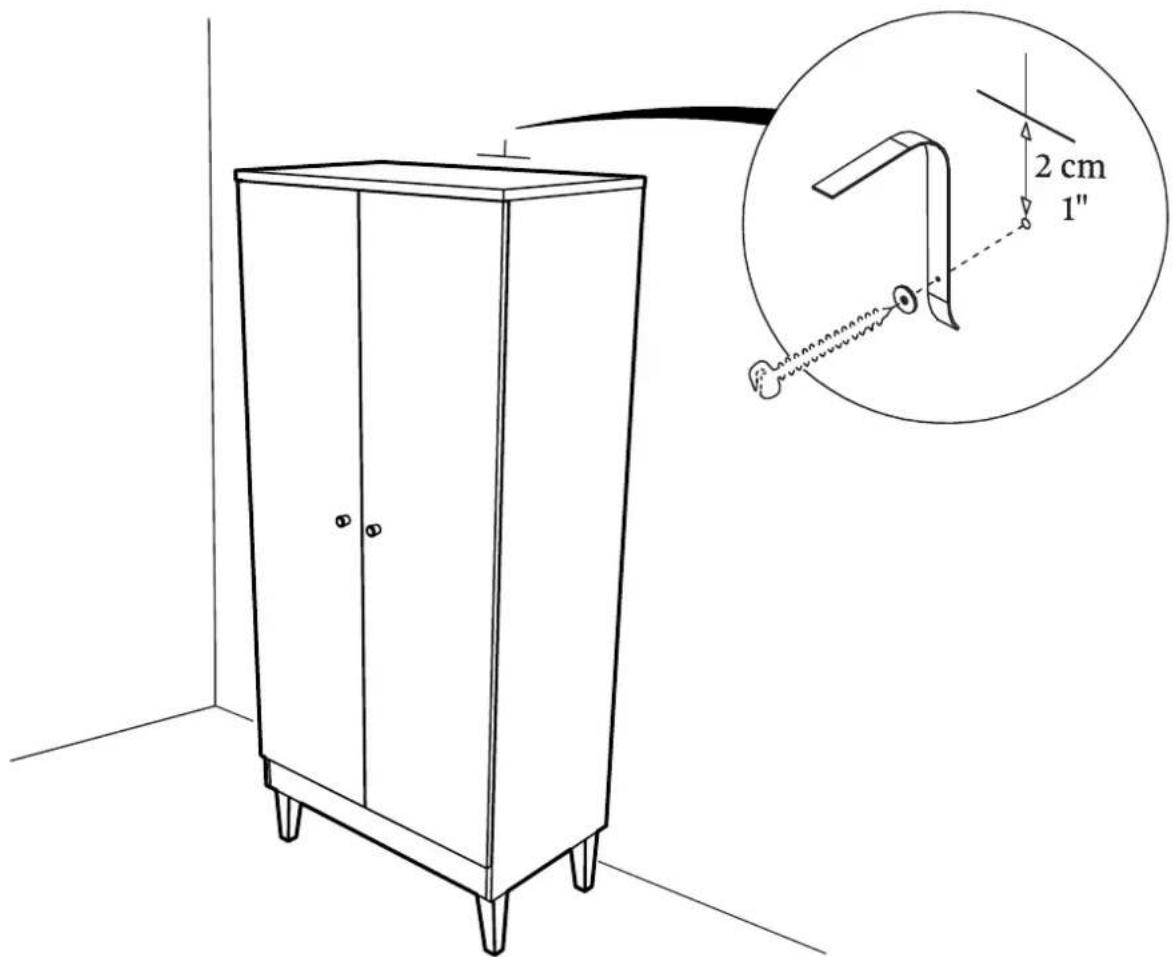 Technical diagram of a cabinet with an inset showing a 2 cm measurement and a 1-inch angle measurement.