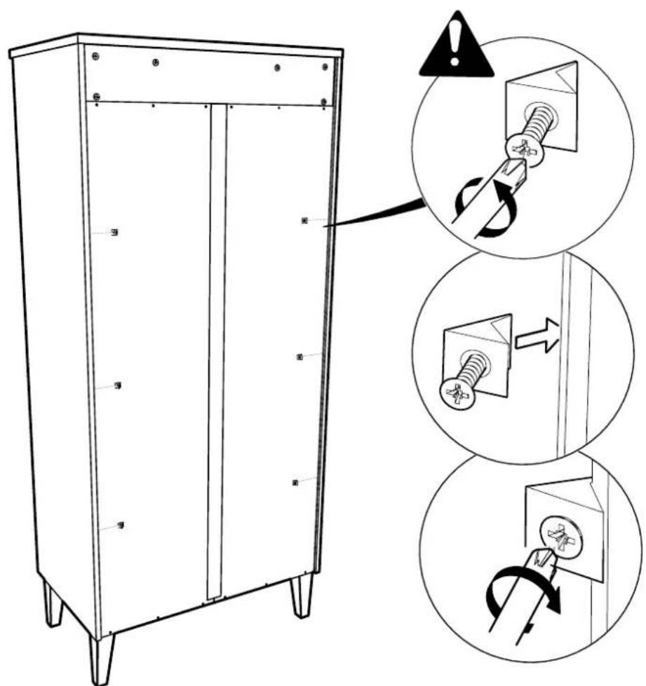 Technical diagram showing installation of a cabinet with screw fasteners, including warning and disassembly instructions.