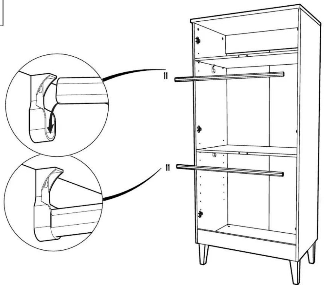 Technical diagram of a mechanical cabinet with close-up insets showing internal components and assembly steps