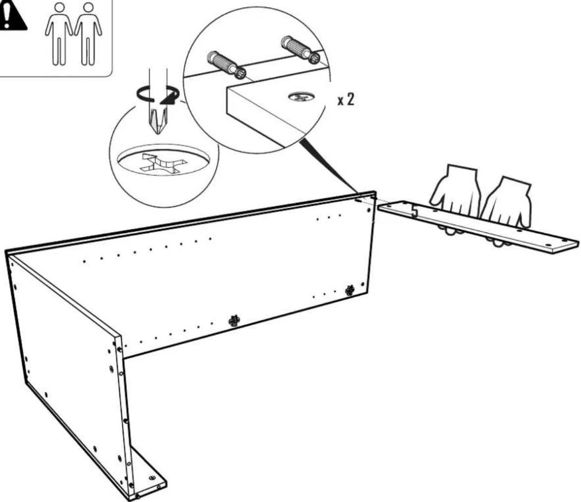Technical diagram illustrating a mechanical assembly with labeled components and warning icons