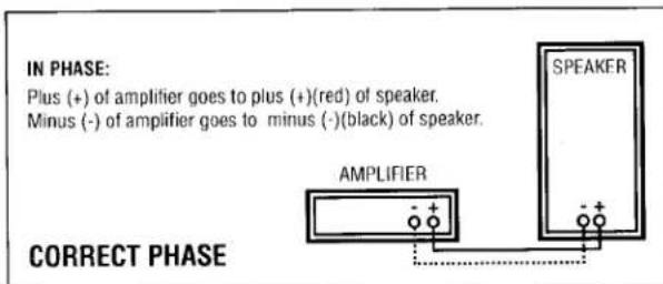 IN PHASE: Plus (+) of amplifier goes to plus (+)(red) of speaker. Minus (-) of amplifier goes to minus (-)(black) of speaker. AMPLIFIER SPEAKER CORRECT PHASE