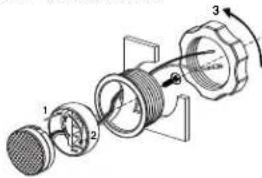 Technical diagram of a mechanical assembly with numbered components and directional arrows indicating motion or flow.