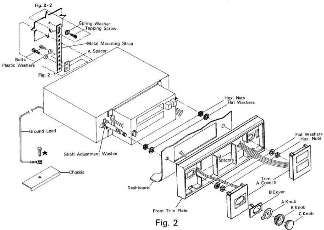 Fig. 2 Spring Washer Tapping Screw Metal Mounting Strap A Spacer Bolts Plastic Washers Fig. 2 - 1 Ground Lead Shaft Adjustment Washer Chassis Hex. Nuts Flat Washers B Spacers Dashboard Front Trim Plate Trim A Covers B Cover A Knob B Knob C Knob Flat Washers Hex. Nuts Fig. 2