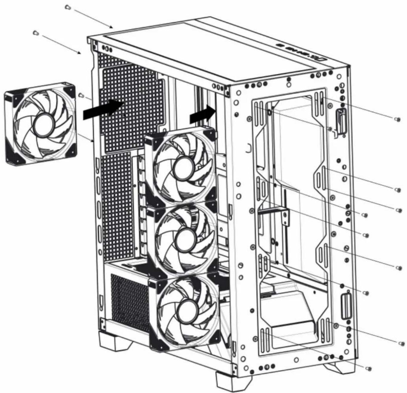 Technical diagram of a desktop computer tower case with fan and ventilation slots, annotated with component labels in Chinese.