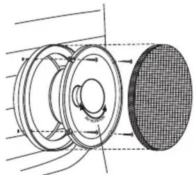 Technical diagram of a mechanical assembly with pulleys and a textured circular component (no text or symbols)