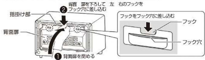 指掛け部 背面屏 背面屏を下ろして 左 右のフックを フックをフック穴に差し込む フック フック穴
