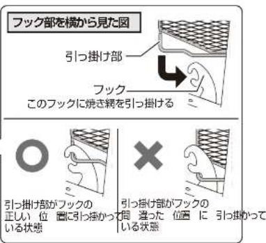 ブック部を横から見た図 引っ掛け部 フック このフックに焼き綁を引っ掛ける 引っ掛け部がフックの 正しい 位置に引っ掛かっている状態 引っ掛け部がフックの 正しい 位置に引っ掛かっている状態 違った 位置に 引っ掛かっている状態