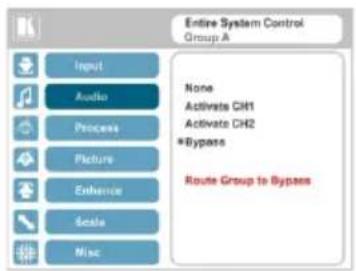Entire System Control Group A Input Audio Process Picture Enhence Scale Misc None Activate CH1 Activate CH2 *Bypass Route Group to Bypass