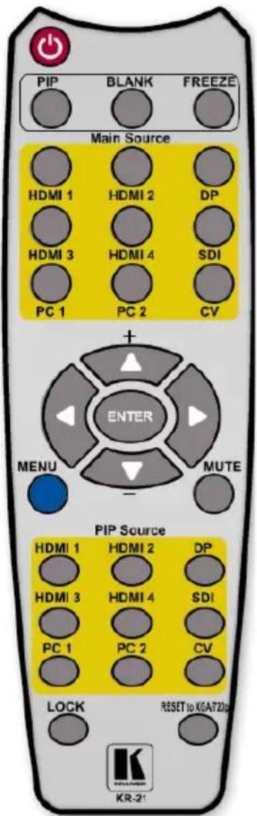PIP BLANK FREEZE Main Source HDMI 1 HDMI 2 DP HDMI 3 HDMI 4 SDI PC 1 PC 2 CV + ENTER MENU MUTE - PIP Source HDMI 1 HDMI 2 DP HDMI 3 HDMI 4 SDI PC 1 PC 2 CV LOCK RESET to KGAT20p KR-21