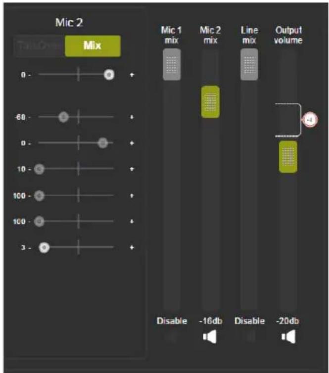 Mic 2 Mix 0 - -60 - 0 - 10 - 100 - 100 - 3 - Mic 1 mix Mic 2 mix Line mix Output volume Disable -16db Disable -20db