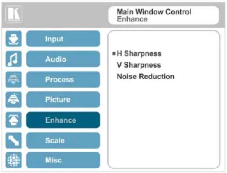 Main Window Control Enhance ■H Sharpness V Sharpness Noise Reduction Input Audio Process Picture Enhance Scale Misc