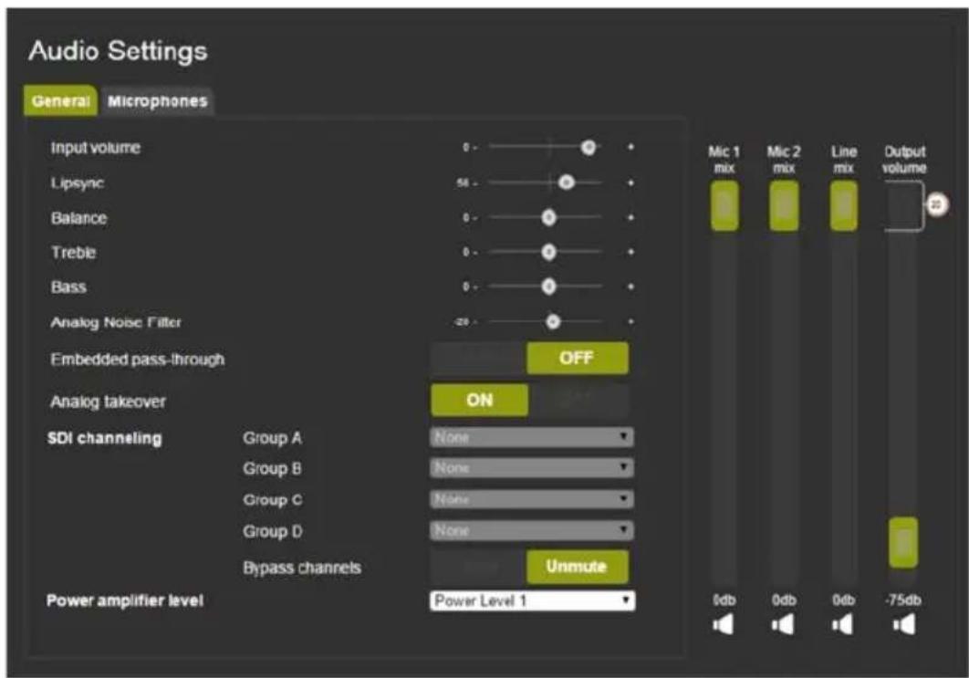 Audio Settings General Microphones Input volume 0 - Lipsync 58 - Balance 0 - Treble 0 - Bass 0 - Analog Noise Filter 20 - Embedded pass-through OFF Analog takeover ON SDI channeling Group A None Group B None Group C None Group D None Bypass channels Unmute Power amplifier level Power Level 1 Mic 1 mix Mic 2 mix Line mix Output volume 0db 0db 0db -75db