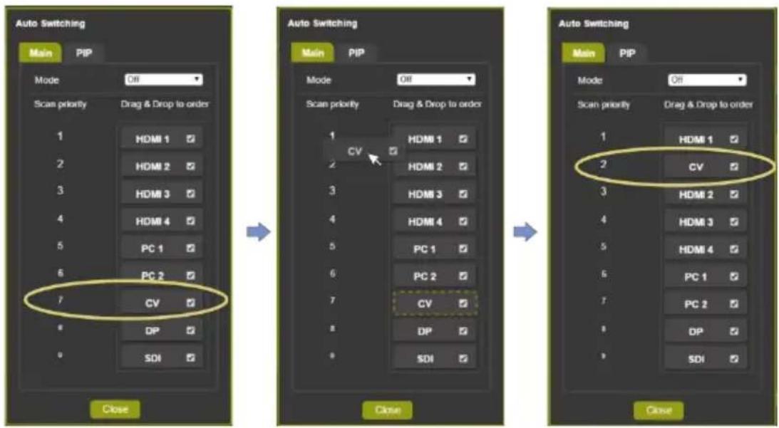 Auto Switching Main PIP Mode Off Scan priority Drag & Drop to order 1 HDMI 1 ✓ 2 HDMI 2 ✓ 3 HDMI 3 ✓ 4 HDMI 4 ✓ 5 PC 1 ✓ 6 PC 2 ✓ 7 CV ✓ 8 DP ✓ 9 SDI ✓ Close Auto Switching Main PIP Mode Off Scan priority Drag & Drop to order 1 HDMI 1 ✓ 2 HDMI 2 ✓ 3 HDMI 3 ✓ 4 HDMI 4 ✓ 5 PC 1 ✓ 6 PC 2 ✓ 7 CV ✓ 8 DP ✓ 9 SDI ✓ Close Auto Switching Main PIP Mode Off Scan priority Drag & Drop to order 1 HDMI 1 ✓ 2 CV ✓ 3 HDMI 2 ✓ 4 HDMI 3 ✓ 5 HDMI 4 ✓ 6 PC 1 ✓ 7 PC 2 ✓ 8 DP ✓ 9 SDI ✓ Close