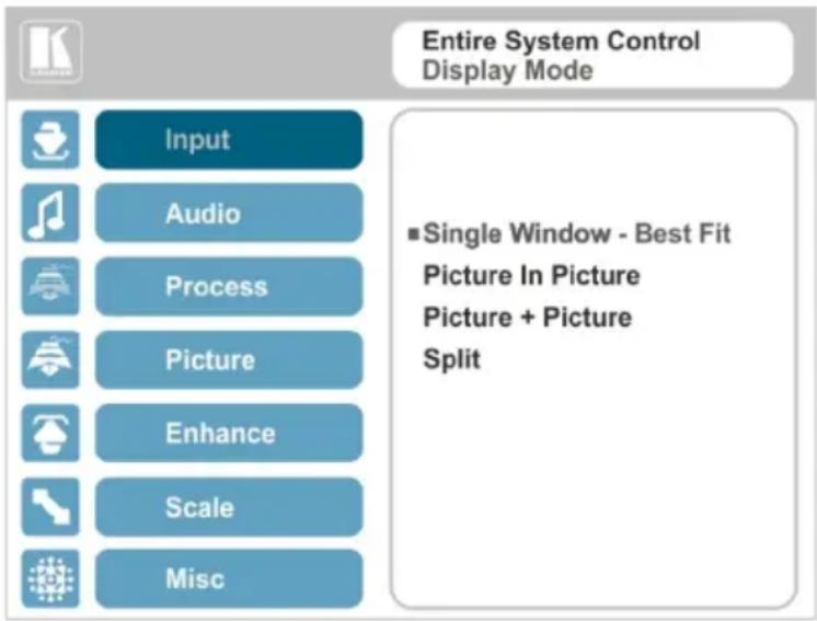 Entire System Control Display Mode Input Audio Process Picture Enhance Scale Misc ■ Single Window - Best Fit Picture In Picture Picture + Picture Split