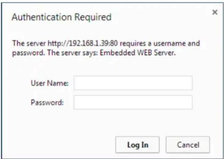 Authentication Required The server http://192.168.1.39:80 requires a username and password. The server says: Embedded WEB Server. User Name: Password: Log In Cancel