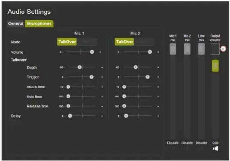 Audio Settings General Microphones Mic 1 TalkOver Mic 2 TalkOver Mode Volume Depth Trigger Attack time Hold time Release time Delay 0 60 0 60 0 10 100 100 3 3 Mic 1 mix Mic 2 mix Line mix Output volume Disable Disable Disable 0db