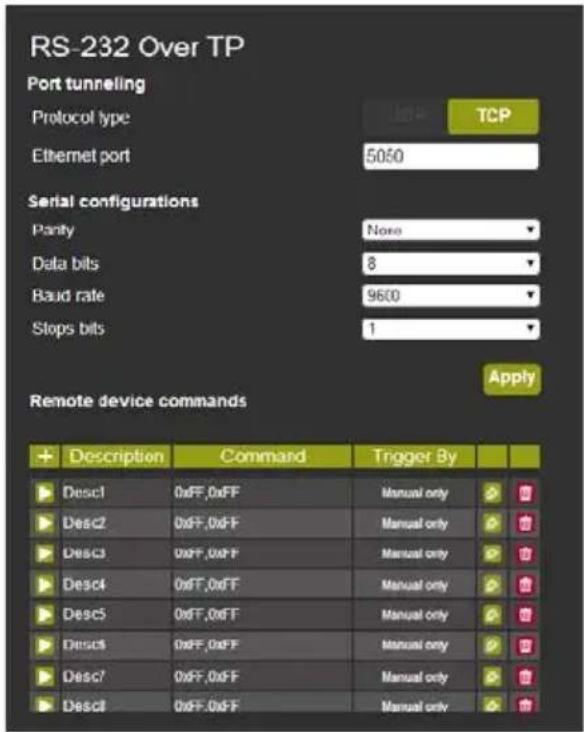 RS-232 Over TP Port tunneling Protocol type Ethernet port TCP 5050 Serial configurations Parity None Data bits 8 Baud rate 9600 Stops bits 1 Apply Remote device commands + Description Command Trigger By Desc1 0xFF,0xFF Manual only Desc2 0xFF,0xFF Manual only Desc3 0xFF,0xFF Manual only Desc4 0xFF,0xFF Manual only Desc5 0xFF,0xFF Manual only Desc6 0xFF,0xFF Manual only Desc7 0xFF,0xFF Manual only Desc8 0xFF,0xFF Manual only