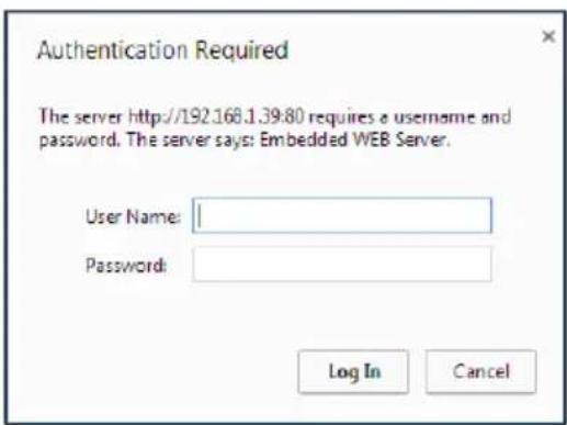 Authentication Required The server http://192.168.1.39:80 requires a username and password. The server says: Embedded WEB Server. User Name: Password: Log In Cancel