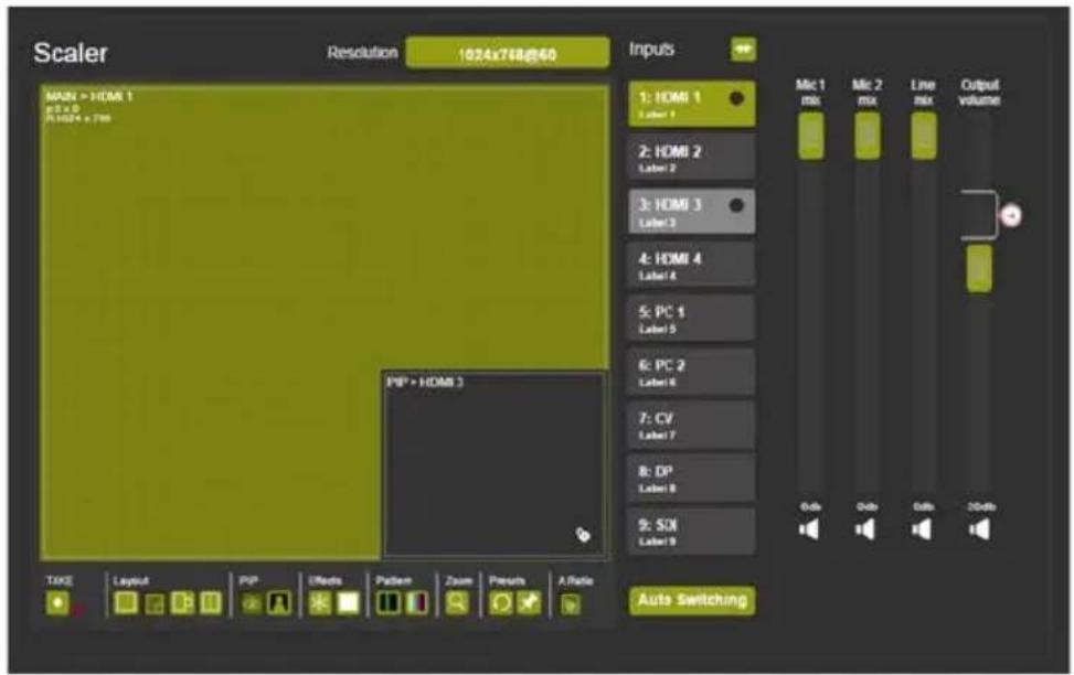 Scaler Resolution 1624x768@60 Inputs 1: HDMI 1 Label 1 2: HDMI 2 Label 2 3: HDMI 3 Label 3 4: HDMI 4 Label 4 5: PC 1 Label 5 6: PC 2 Label 6 7: CV Label 7 8: DP Label 8 9: SOX Label 9 Take Layout PSP Effects Pattern Zoom Perush A Ratio Auto Switching Mic 1 mix Mic 2 mix Line mix Output volume