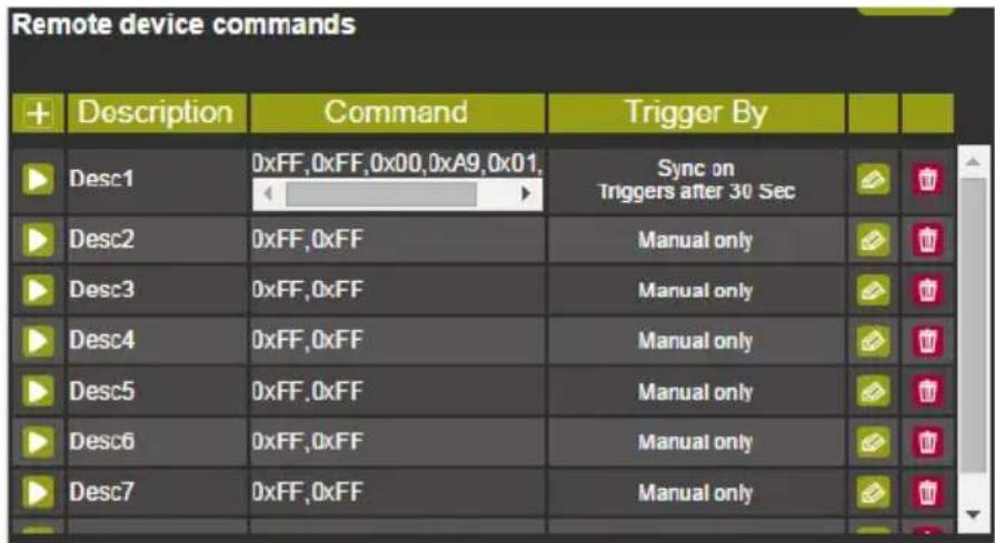 Remote device commands + Description Command Trigger By Desc1 0xFF,0xFF,0x00,0xA9,0x01, Sync on Triggers after 30 Sec Desc2 0xFF,0xFF Manual only Desc3 0xFF,0xFF Manual only Desc4 0xFF,0xFF Manual only Desc5 0xFF,0xFF Manual only Desc6 0xFF,0xFF Manual only Desc7 0xFF,0xFF Manual only
