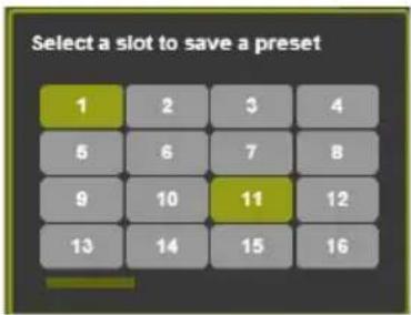 Select a slot to save a preset 1 2 3 4 5 6 7 8 9 10 11 12 13 14 15 16