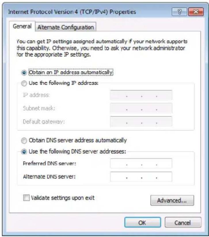 Internet Protocol Version 4 (TCP/IPv4) Properties General Alternate Configuration You can get IP settings assigned automatically if your network supports this capability. Otherwise, you need to ask your network administrator for the appropriate IP settings. Obtain an IP address automatically; Use the following IP address: IP address: .... Subnet mask: .... Default gateway: .... Obtain DNS server address automatically Use the following DNS server addresses: Preferred DNS server: .... Alternate DNS server: .... Validate settings upon exit Advanced... OK Cancel